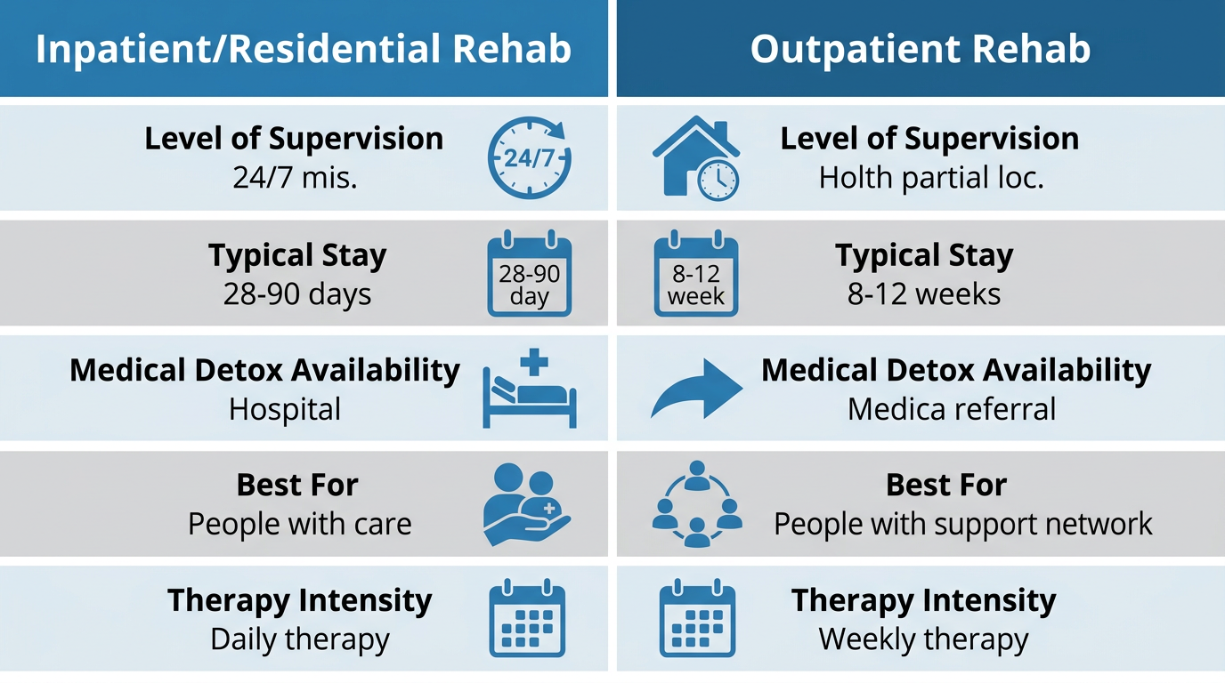 Side-by-side comparison diagram of inpatient and outpatient rehab programs.