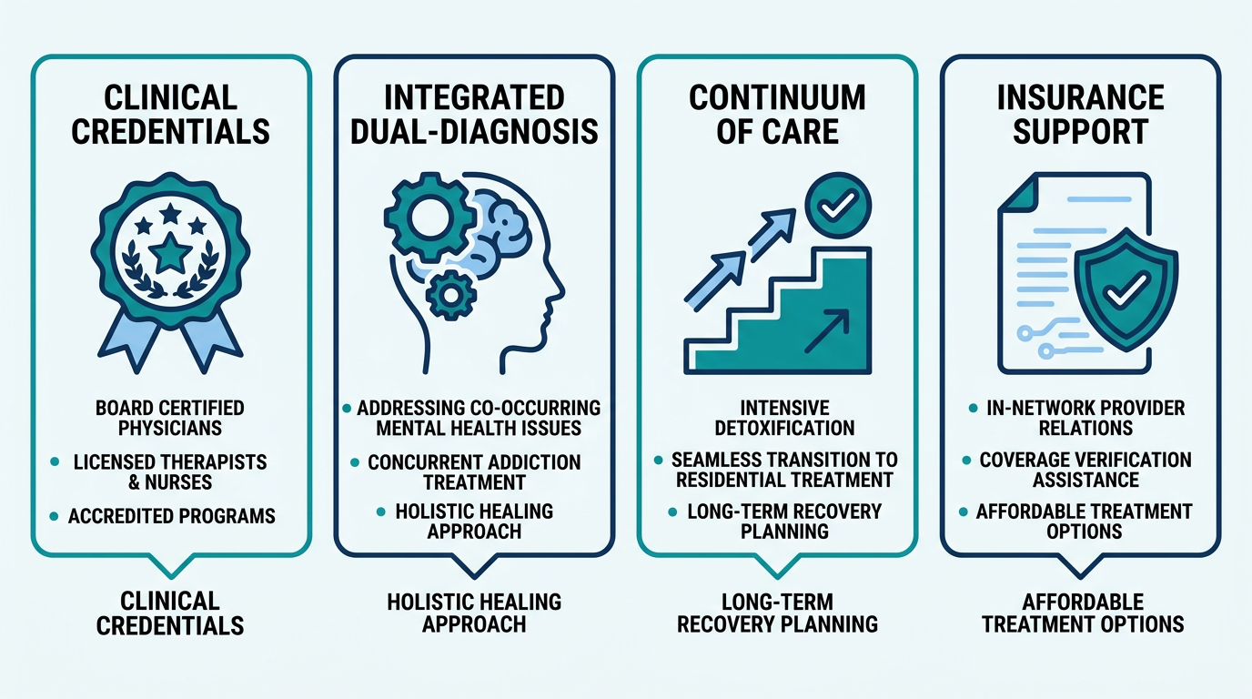 Infographic layout of four key selection criteria for a detox facility in New Haven: Clinical Credentials with badge icon, Integrated Dual-Diagnosis with brain and gear icon, Continuum of Care with stepped pathway icon, Insurance Support with document and checkmark icon. Clean corporate aesthetic with teal and navy accents.