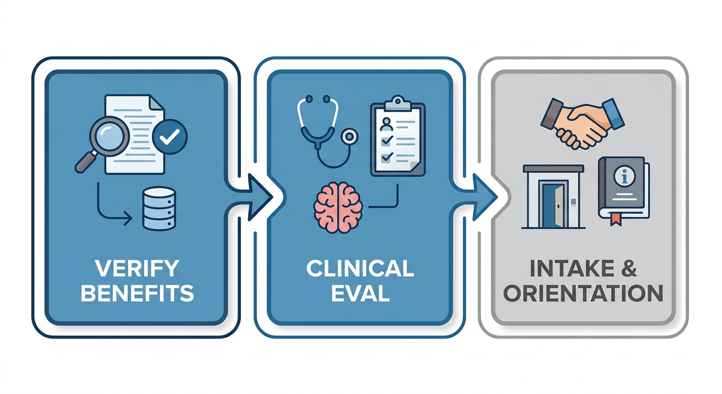 Three-step horizontal admissions process flow for residential treatment: benefits verification, clinical evaluation, and intake orientation.