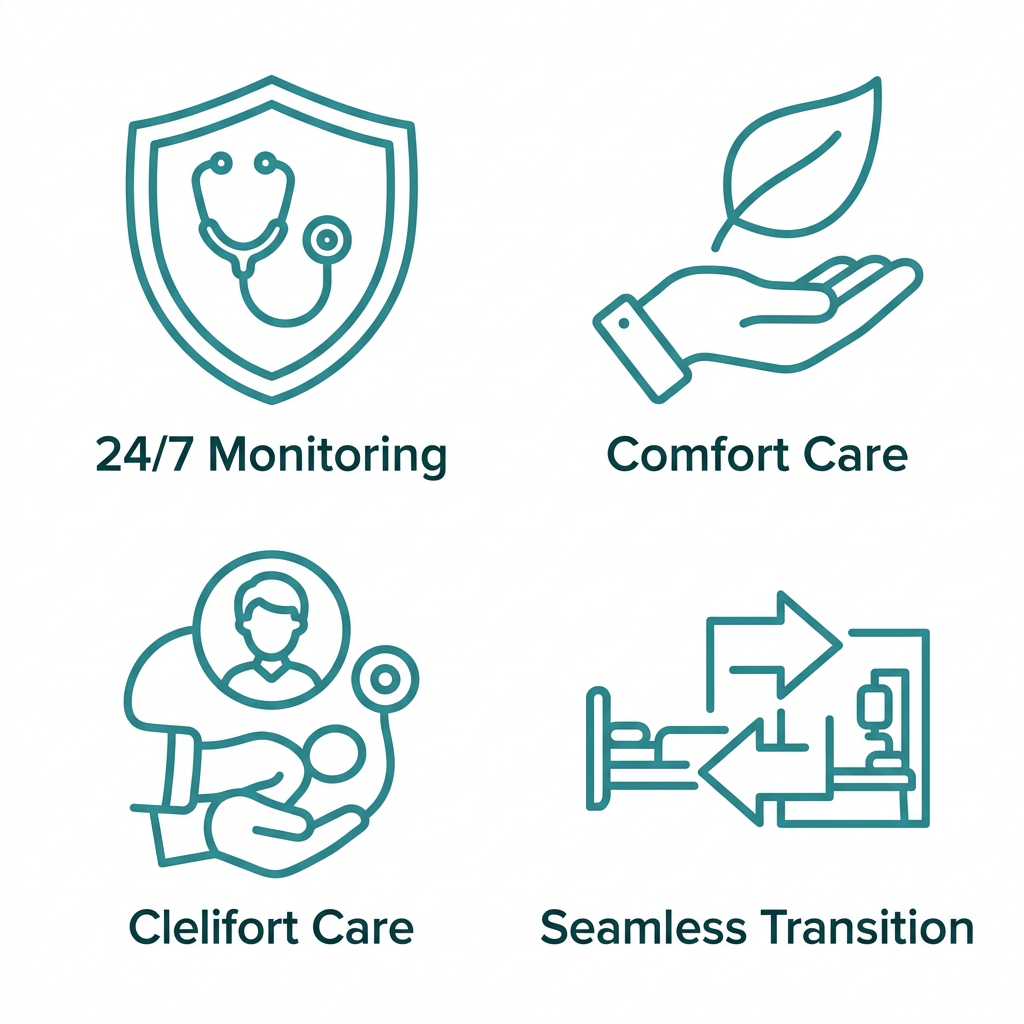 Icon set: shield with stethoscope, hand with leaf, arrows from bed to therapy room