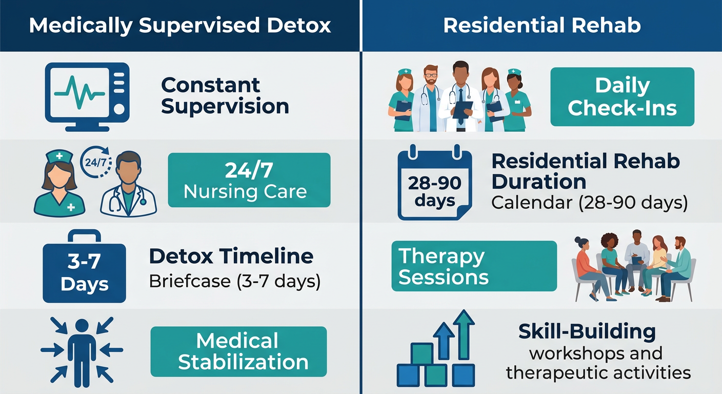 Two-column comparison infographic showing Medically Supervised Detox on the left and Residential Rehab on the right with icons and program details