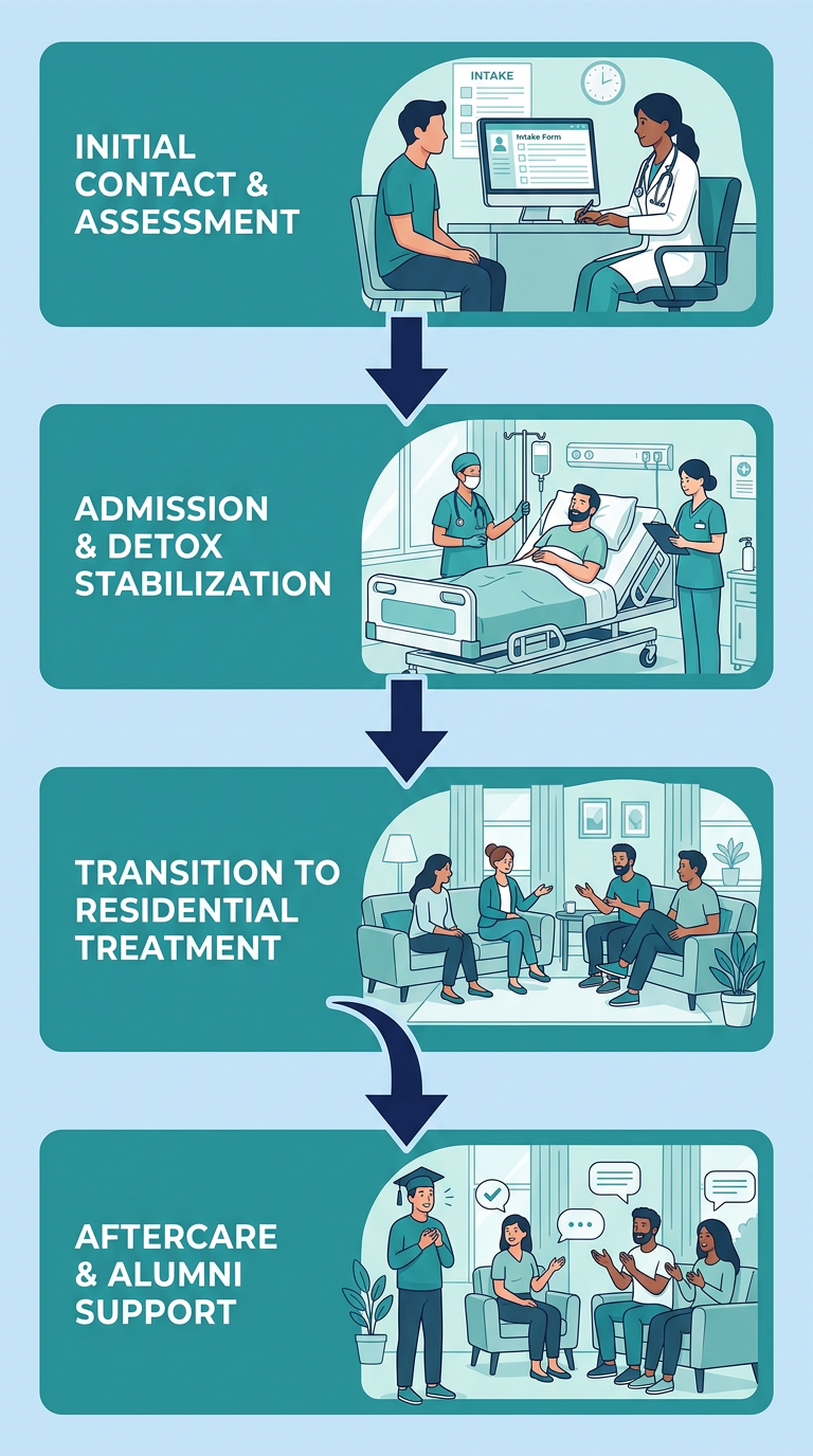 Vertical process flow showing four stages of the rehab journey from initial contact and assessment through aftercare and alumni support