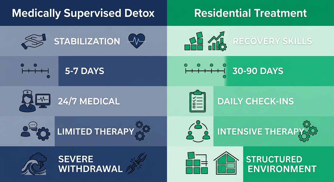 Two-column comparison chart between Medically Supervised Detox and Residential Treatment