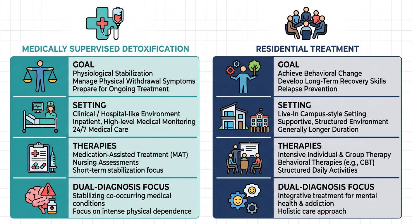 Side-by-side comparison of Medically Supervised Detoxification and Residential Treatment featuring goal icons, therapy symbols, and clean professional layout.