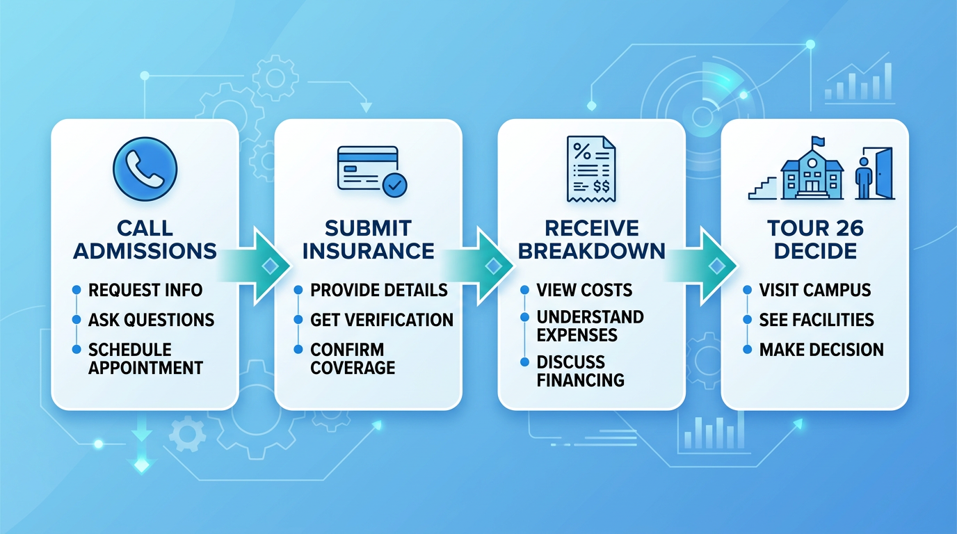 Horizontal process flow showing four admissions steps for EMEND New Haven rehab facility: call admissions, submit insurance info, receive benefits breakdown, tour facility and decision.