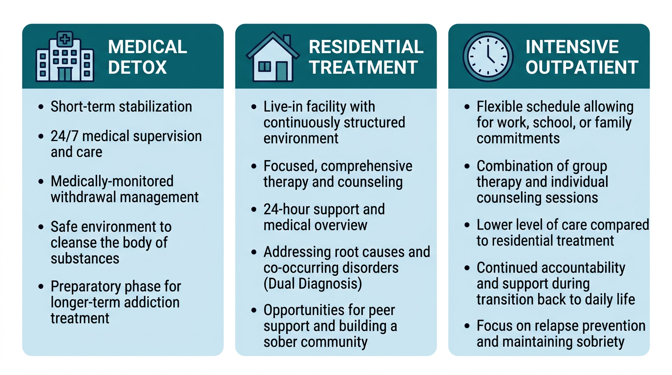 Three-column comparison of CT rehab facility care levels: Medical Detox, Residential Treatment, and Intensive Outpatient with icons and key descriptors in a clean blue-green design.