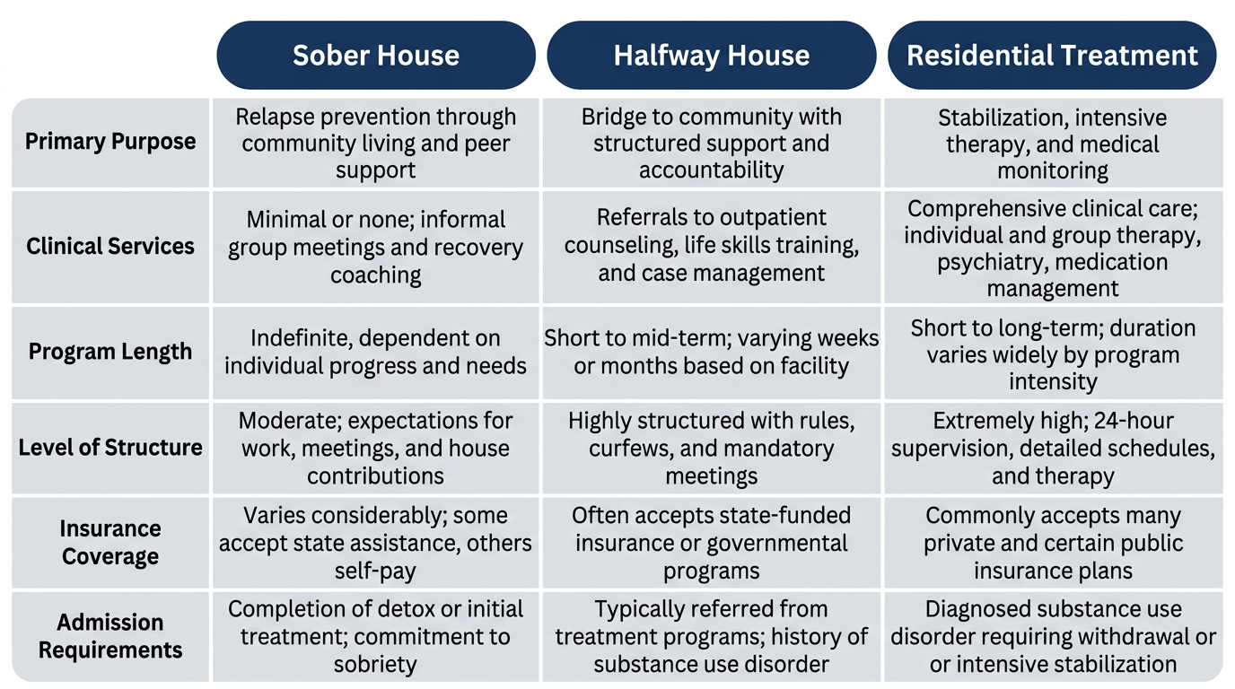 Three-column comparison chart of Sober House, Halfway House, and Residential Treatment in New Haven with rows for purpose, services, length, structure, insurance, and admission requirements.