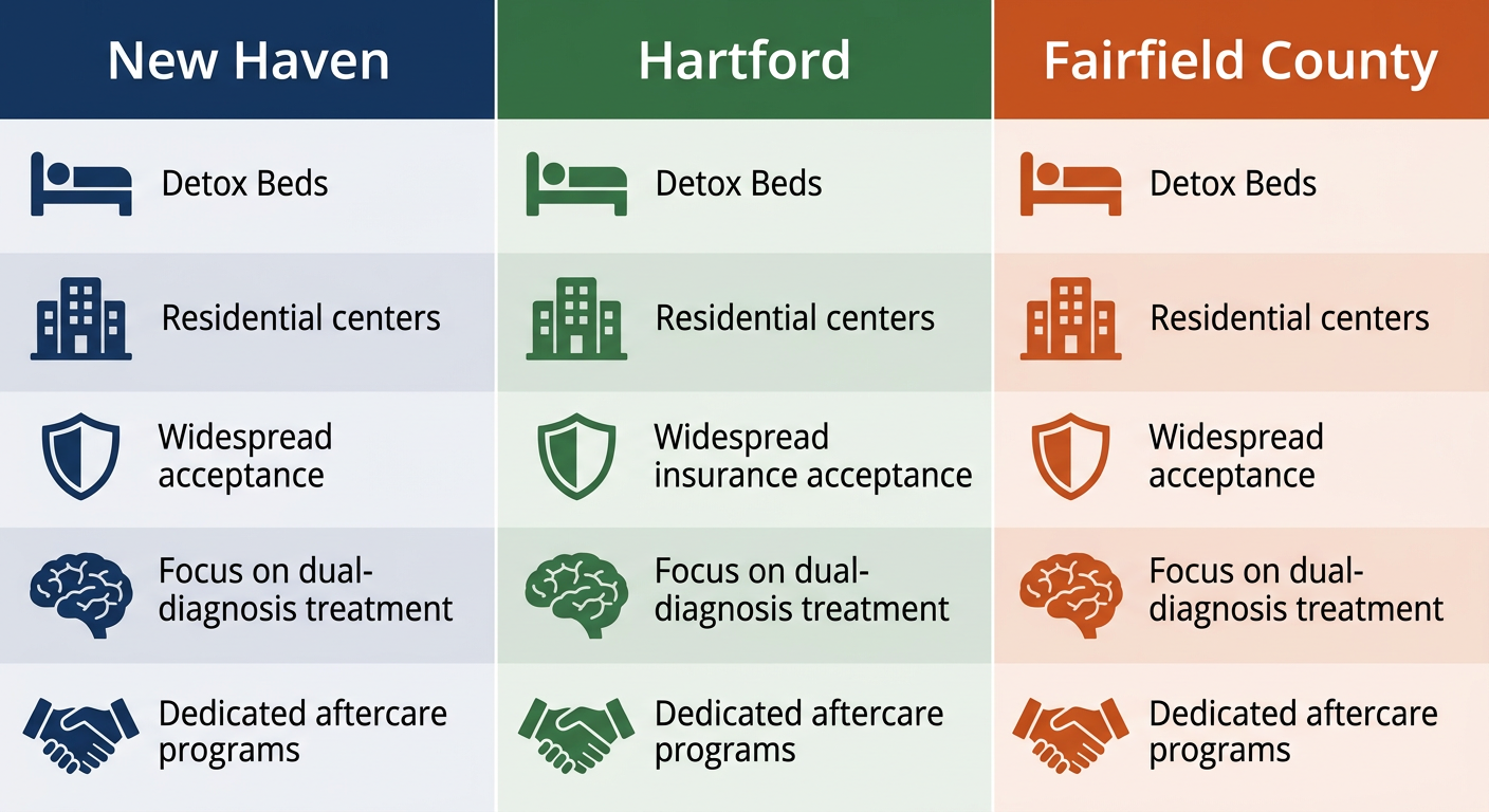 Infographic comparing rehab access in New Haven, Hartford, and Fairfield County with icons for detox, residential, insurance, dual-diagnosis, and aftercare