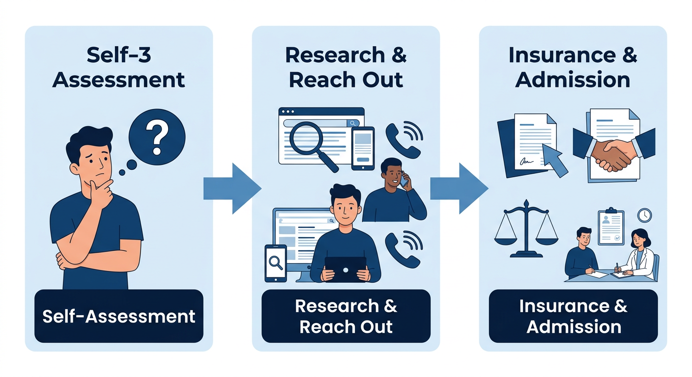 Three-step horizontal process flow for starting addiction treatment at a Connecticut rehab center, showing self-assessment, research and outreach, and insurance and admission stages.