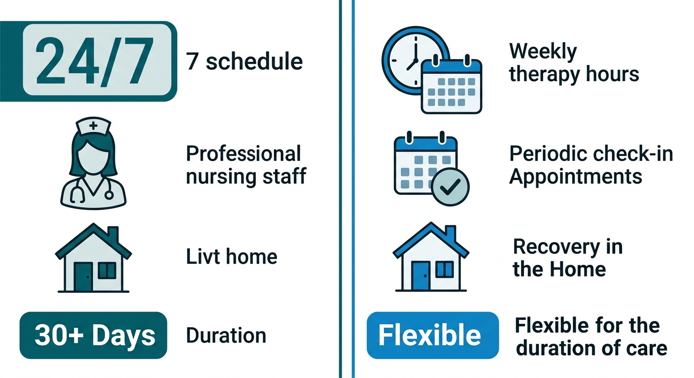 Comparison infographic showing structured residential treatment with daily schedule and nursing staff versus flexible outpatient care with weekly therapy sessions