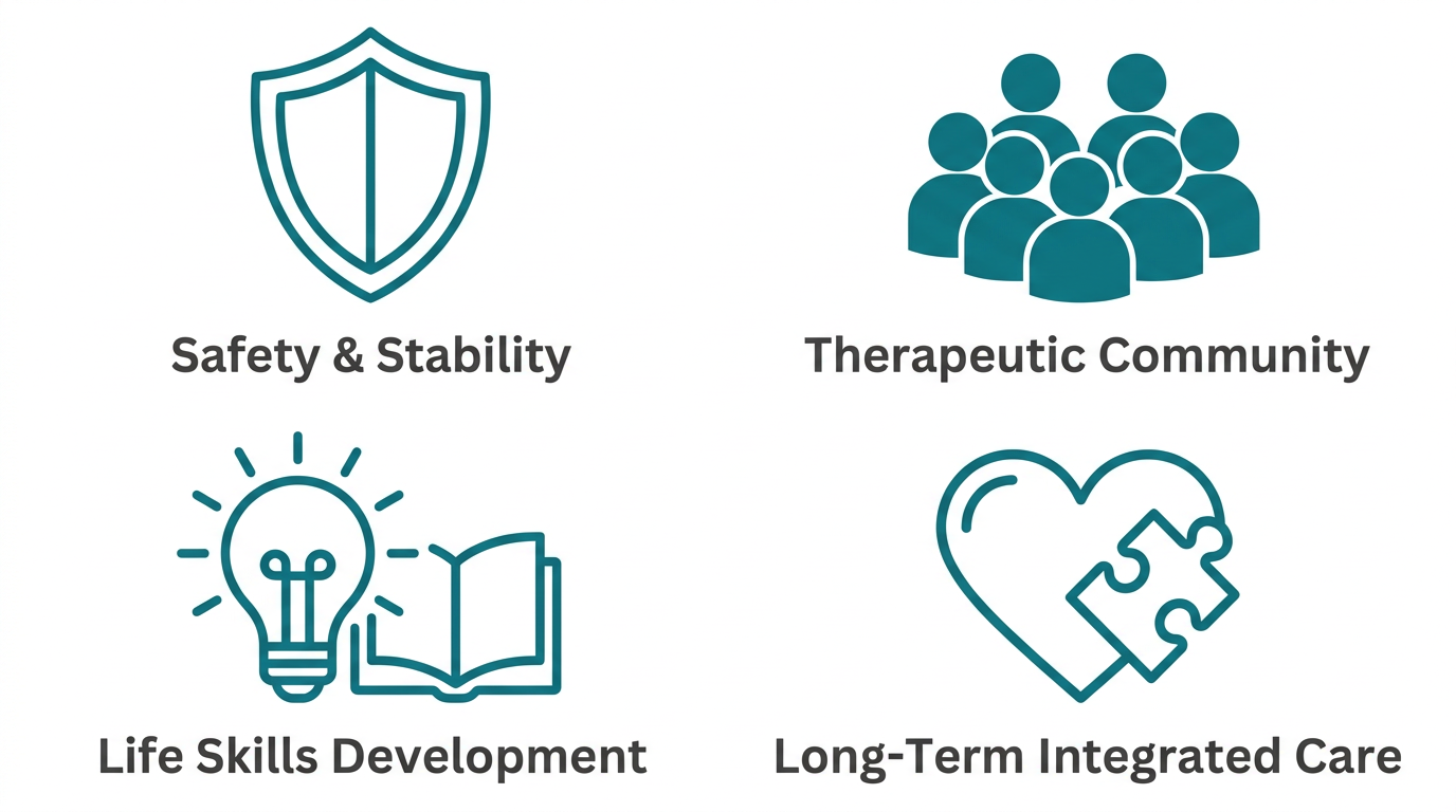 Safety & Stability, Therapeutic Community, Life Skills Development, Long-Term Integrated Care icons in teal on white