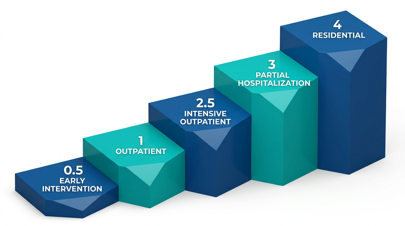 Infographic showing ASAM levels of care continuum with five ascending steps from early intervention to residential treatment, using blue and teal color palette