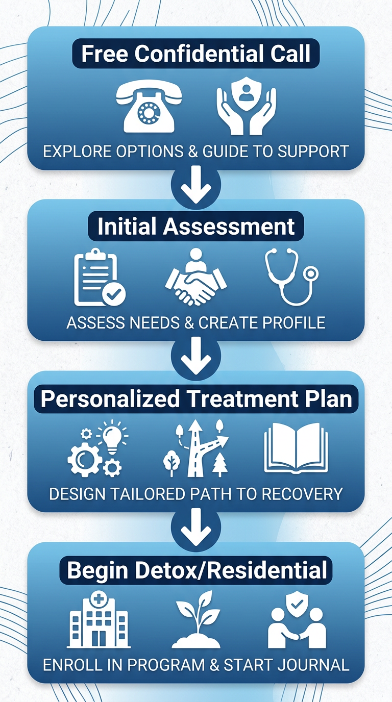 Vertical process flow showing four steps to begin addiction treatment in Connecticut: free confidential call, initial assessment, personalized treatment plan, and begin medical detox or residential treatment.