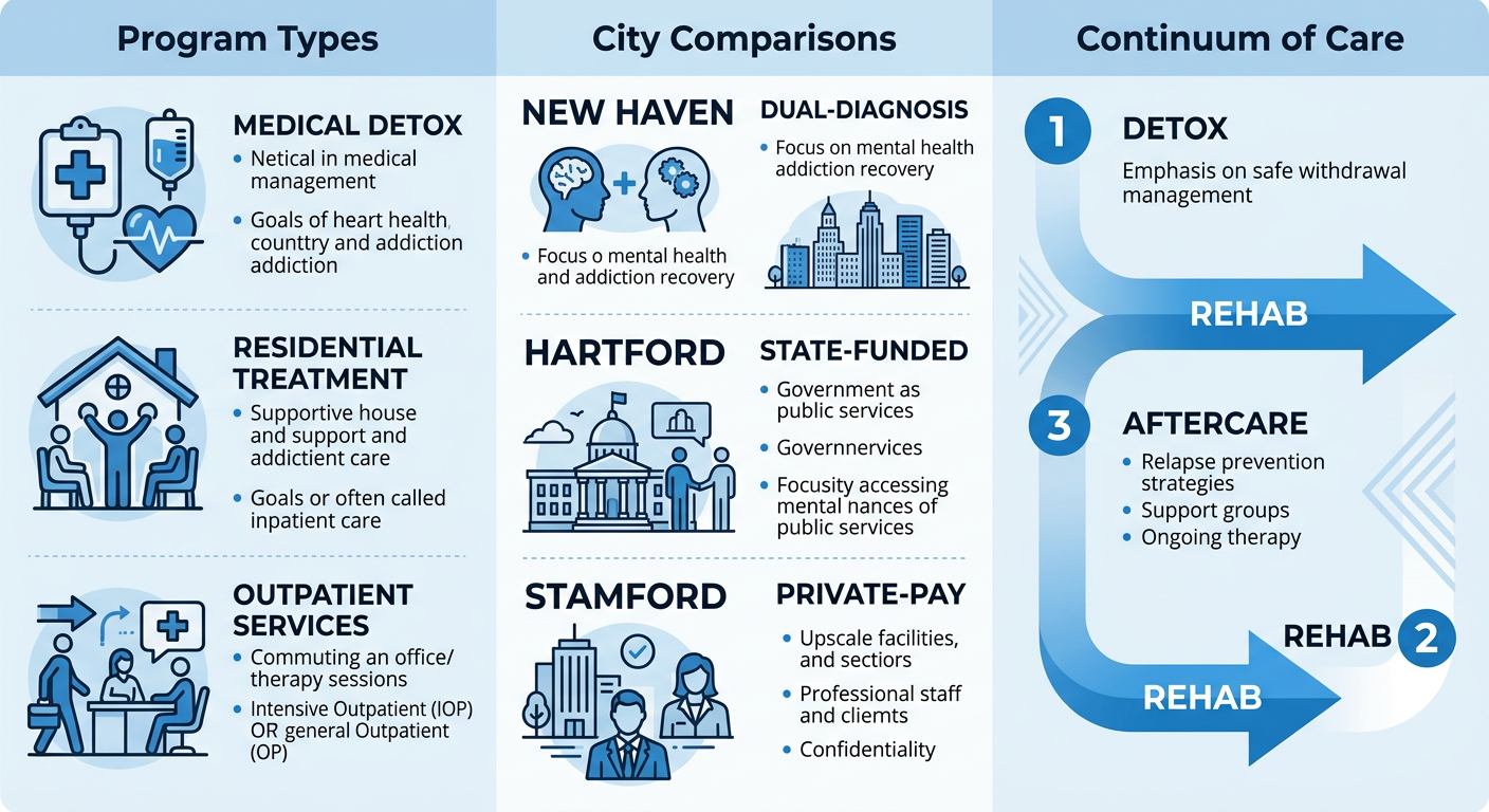 Infographic showing Connecticut alcohol treatment landscape with program types, city comparisons, and continuum of care