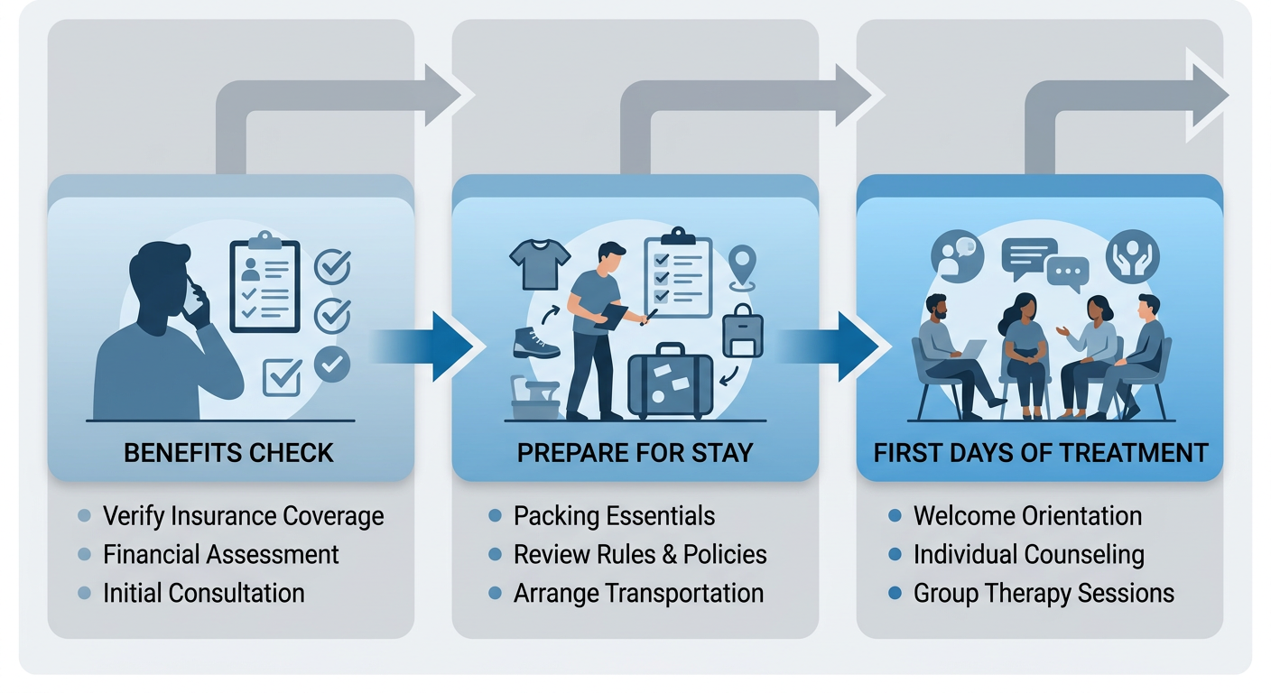 Three-step process flow for alcohol rehab intake at EMEND New Haven showing benefits check, preparation, and first days of treatment