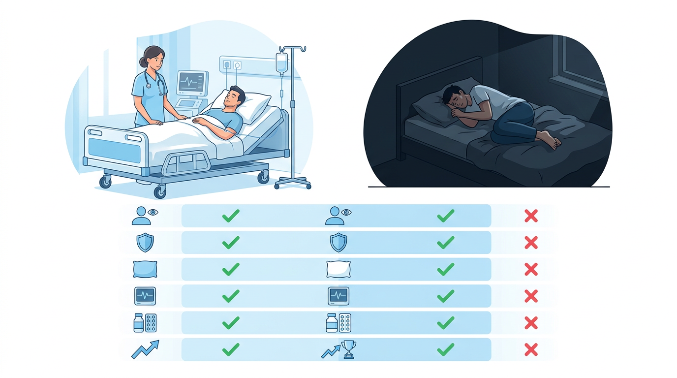 Side-by-side infographic comparing medically supervised detox and home-based withdrawal with check and cross icons for medical oversight, safety, comfort, and success rate