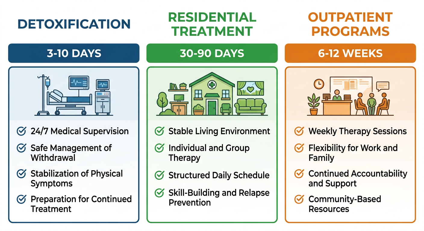 Three-column infographic comparing detox, residential, and outpatient levels of care for addiction treatment in Connecticut