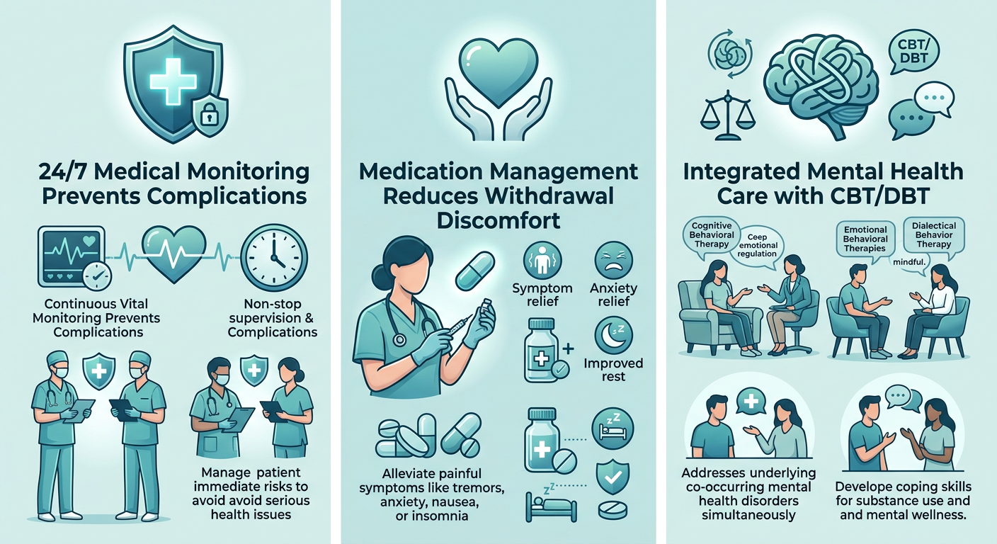 Three-panel infographic showing benefits of medically supervised detox: 24/7 medical monitoring, medication management, and integrated mental health care with CBT/DBT