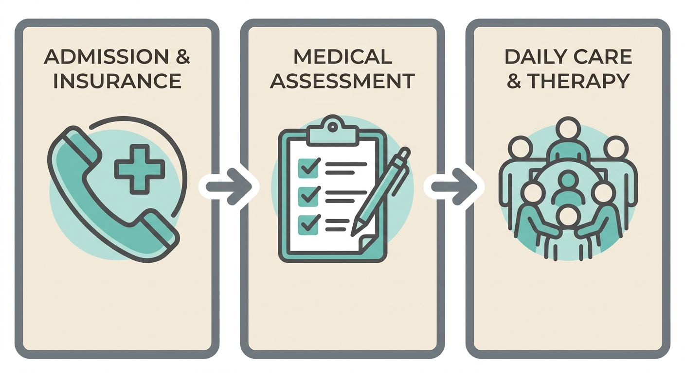 Three-step medical detox process: Admission and Insurance, Medical Assessment, Daily Care and Therapy with connecting arrows on a calming background