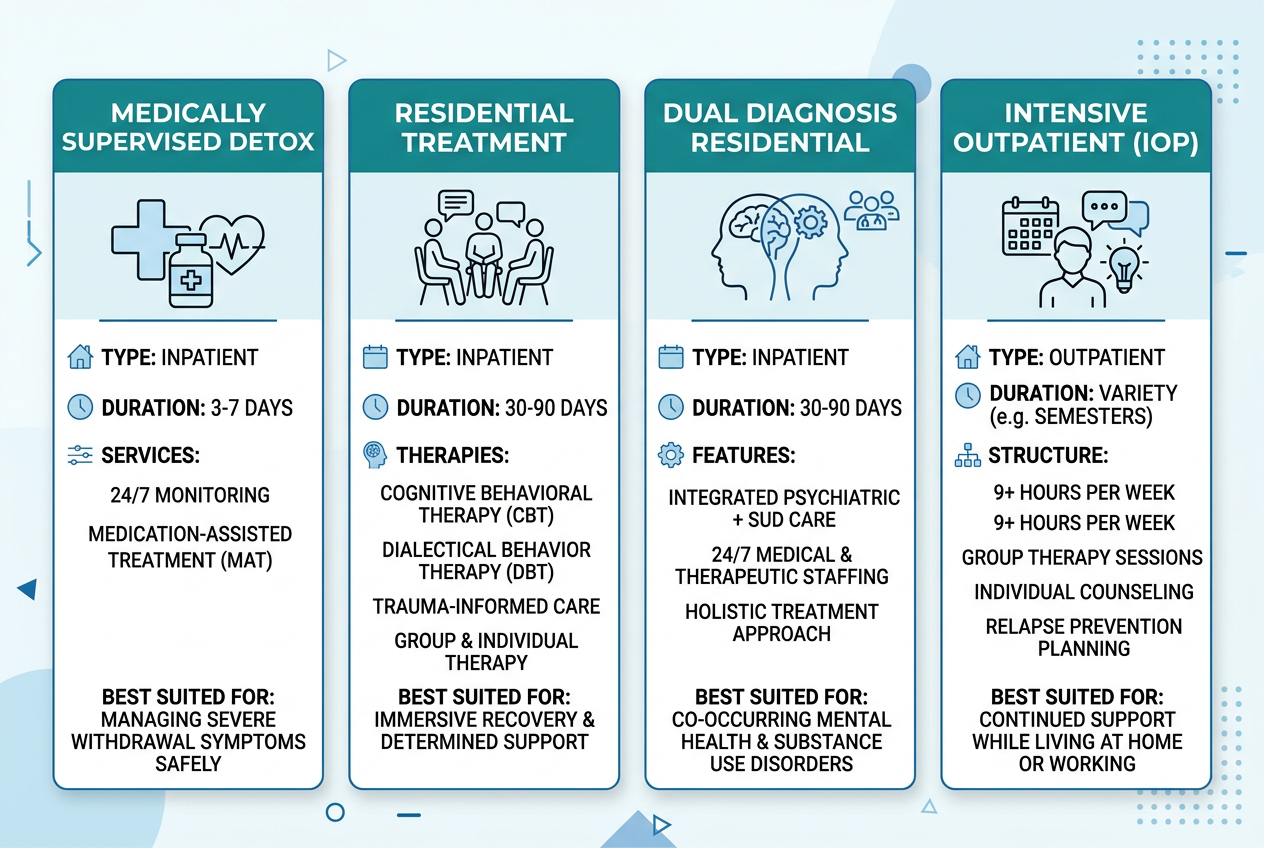 Infographic comparing four types of substance abuse treatment programs in Connecticut: Medically Supervised Detox, Residential Treatment, Dual Diagnosis Residential, and Intensive Outpatient Program.