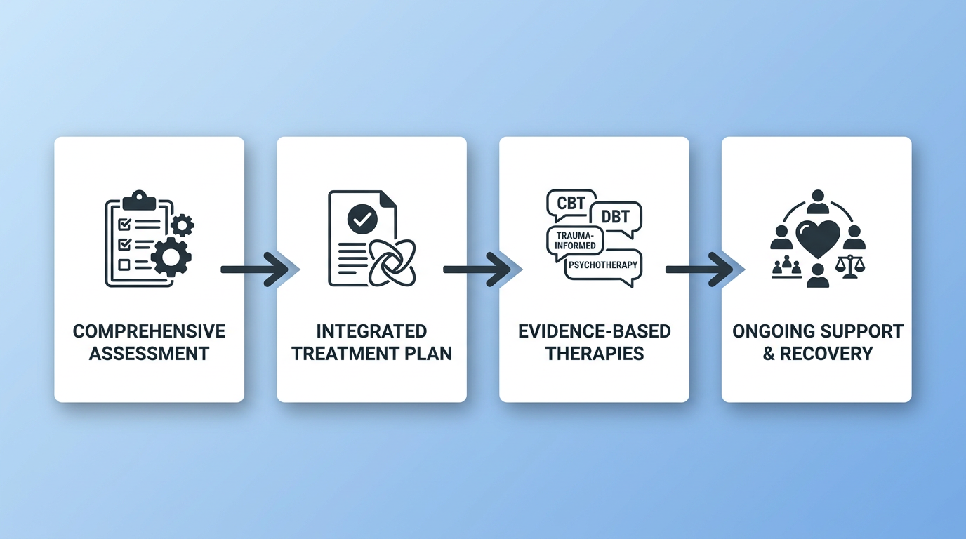Four-step integrated dual-diagnosis treatment process flow showing comprehensive assessment, treatment plan, evidence-based therapies, and recovery support with connected arrows on a blue gradient background.