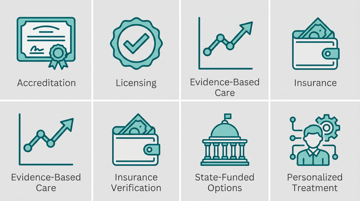 Icon set showing quality indicators for selecting a rehab center in Connecticut including accreditation, licensing, evidence-based care, insurance verification, state-funded options, and personalized treatment.