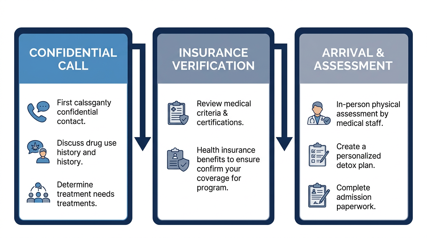 Three-step process to start medically supervised detox at EMEND New Haven: confidential call, insurance verification, and arrival with medical assessment.