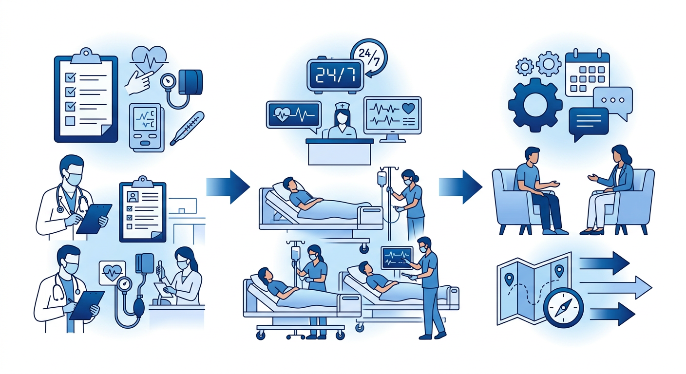 Three-column infographic showing the medically supervised detox process at EMEND New Haven with medical assessment, acute withdrawal management, and stabilization stages