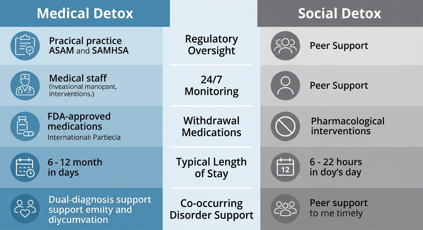 Split-panel comparison infographic showing Medical Detox features in blue on left and Social Detox features in gray on right, with five comparison categories in center column.