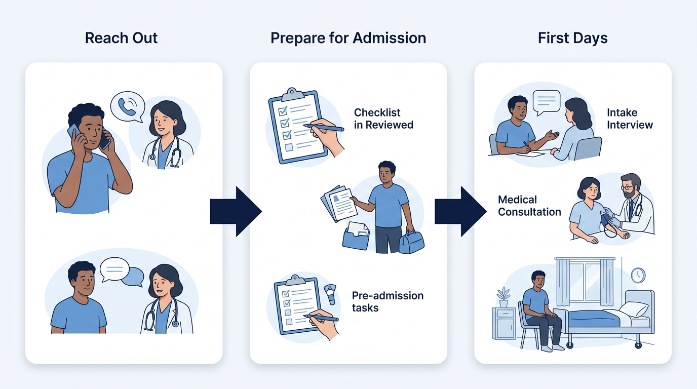 Three-step process flow showing the detox admission journey at EMEND New Haven: Reach Out, Prepare for Admission, and First Days.