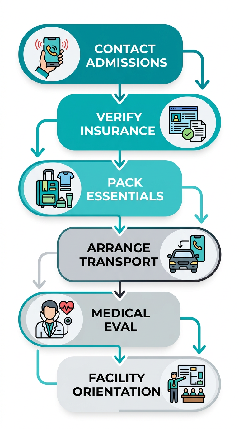 Six-step vertical process flow for preparing to enter a detox program in New Haven, from contacting admissions to facility orientation.