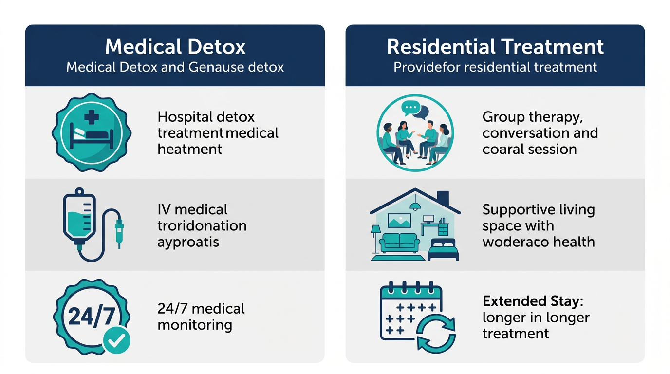 Two-column infographic comparing Medical Detox with hospital bed and IV drip to Residential Treatment with group therapy and living space icons