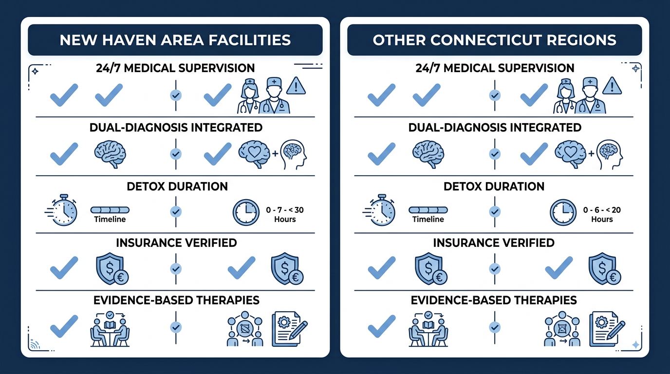 Side-by-side comparison of detox program features for New Haven area facilities and other Connecticut regions, showing checkmarks and icons for 24/7 medical supervision, dual-diagnosis, and insurance verification.