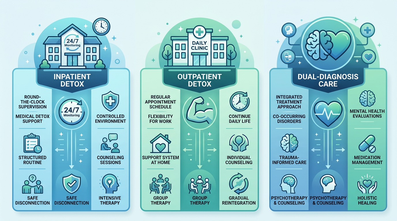Infographic comparing inpatient detox, outpatient detox, and dual-diagnosis care with calming blue and green color coding.