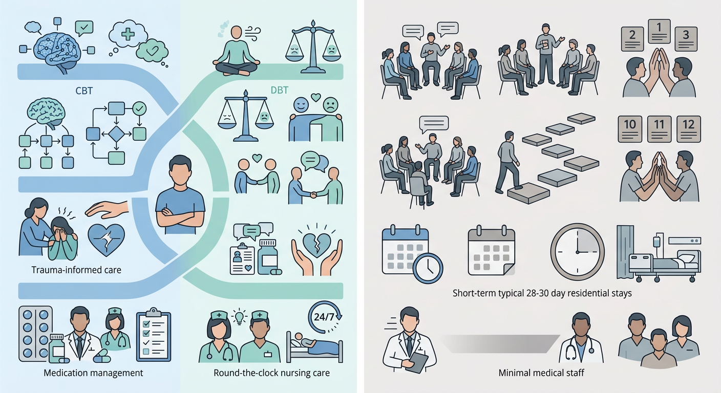 Two-column infographic comparing dual-diagnosis care and standard rehab with icons and color coding.