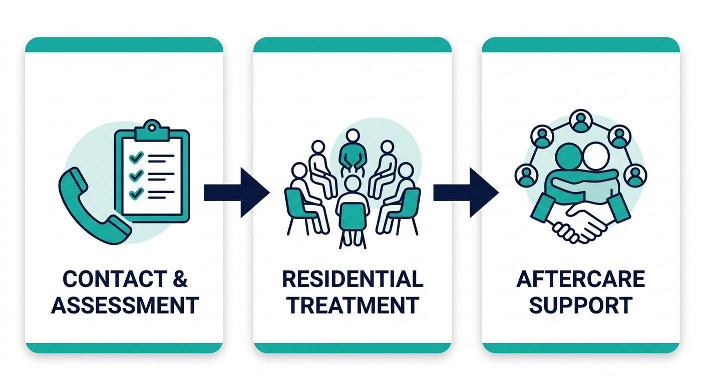 Three-stage process flow for addiction treatment: contact and assessment, residential treatment, aftercare and alumni support.