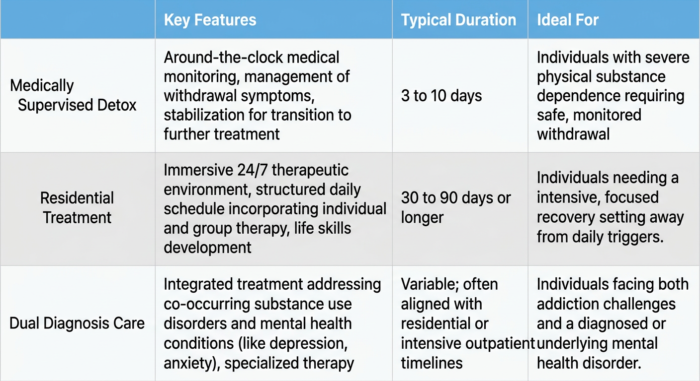 Comparison table of addiction treatment options in Connecticut including medically supervised detox, residential treatment, and dual diagnosis care
