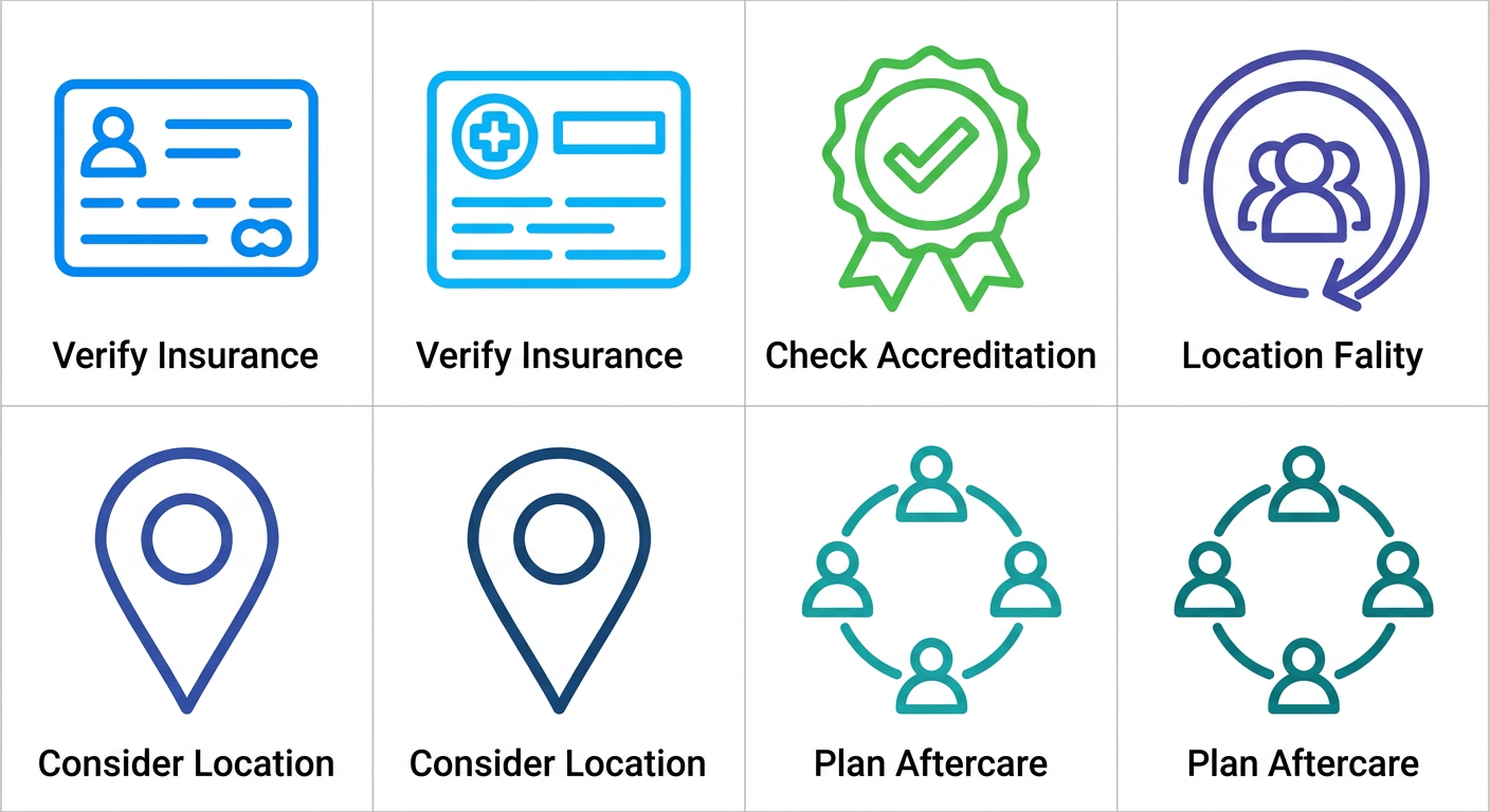 Icon set for choosing a Connecticut rehab: verify insurance, check accreditation, consider location, plan aftercare