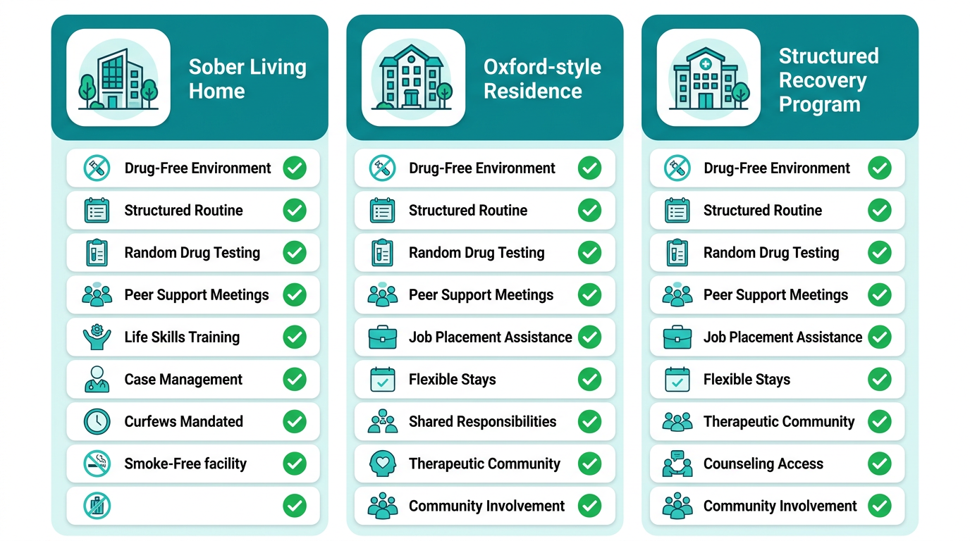 Comparison chart of recovery residences in Connecticut with three columns featuring icons, feature labels, and checkmarks on a white background with teal accents