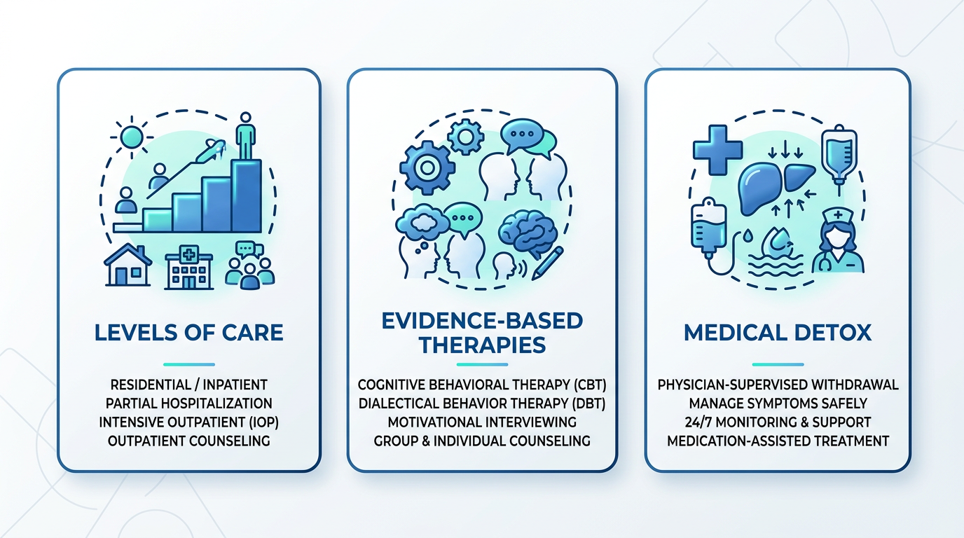 Infographic showing three core components of addiction treatment: Levels of Care, Evidence-Based Therapies, and Medical Detox with icons and labels.