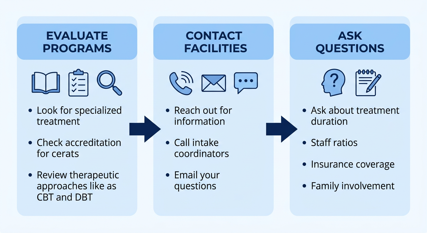 Three-step horizontal process flow for selecting a rehabilitation center in Connecticut: evaluate accreditation, contact facilities, ask key questions.