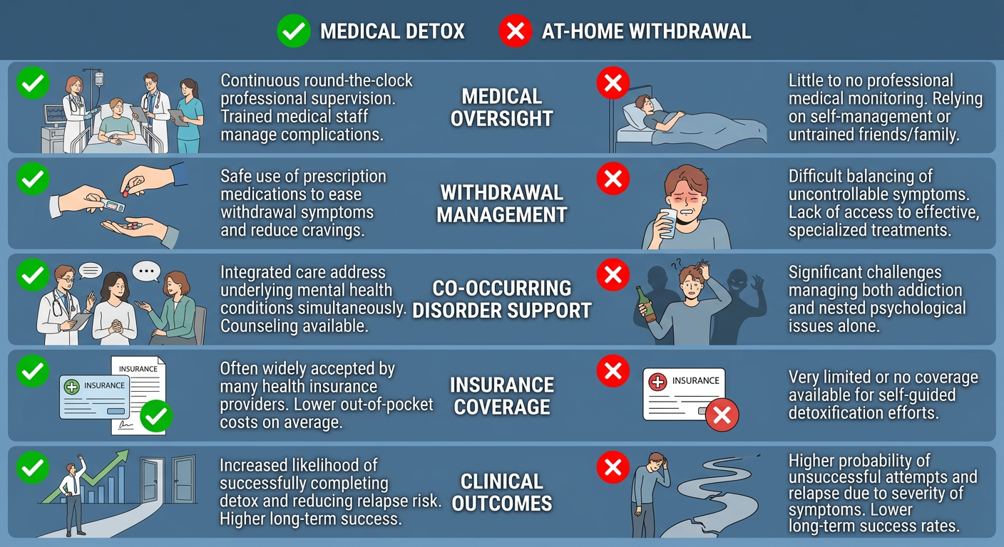 Comparison chart of medical detox versus at-home withdrawal across five key criteria with green and red indicators