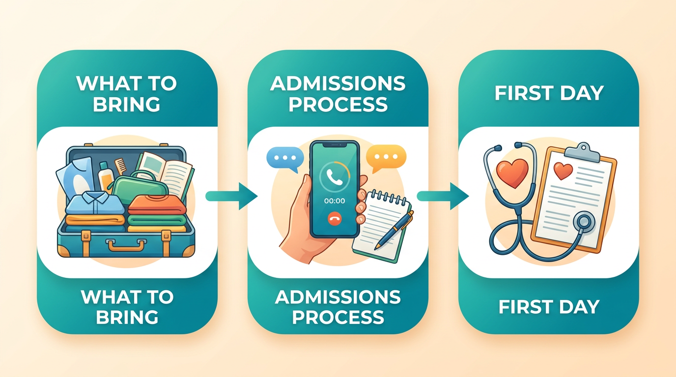 Three-step horizontal process flow for alcohol rehab intake: What to Bring, Admissions Process, and First Day with corresponding icons
