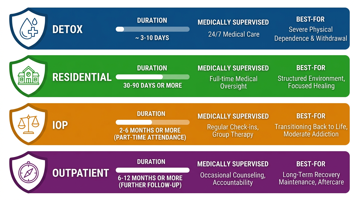 Infographic comparing four levels of alcohol rehab care: detox, residential, IOP, and outpatient, with medically supervised indicators and best-for labels