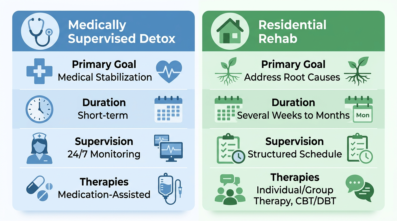 Side-by-side comparison infographic showing Medically Supervised Detox and Residential Rehab with icons and key features