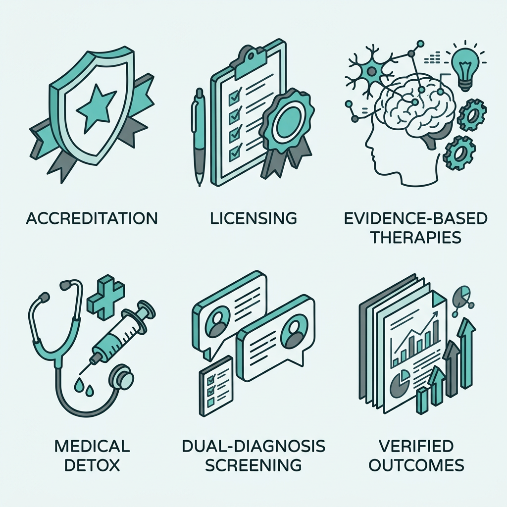 Six outline-style icons representing key decision factors for evaluating Connecticut rehab facilities: accreditation, licensing, evidence-based therapies, medical detox, dual-diagnosis screening, and verified outcomes, in teal and charcoal on a white background.