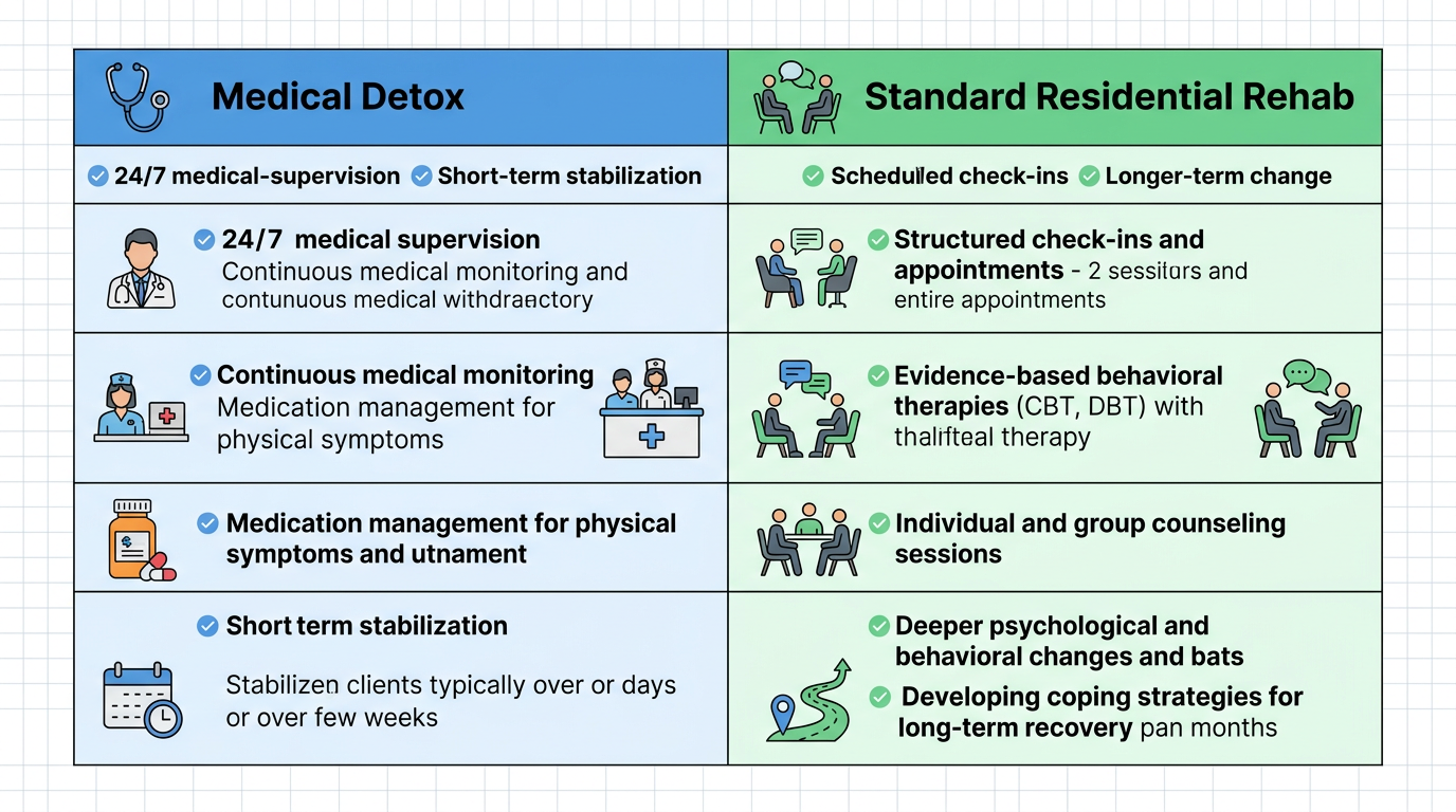 Comparison infographic showing Medical Detox with 24/7 supervision and medications versus Standard Residential Rehab with scheduled check-ins and behavioral therapy