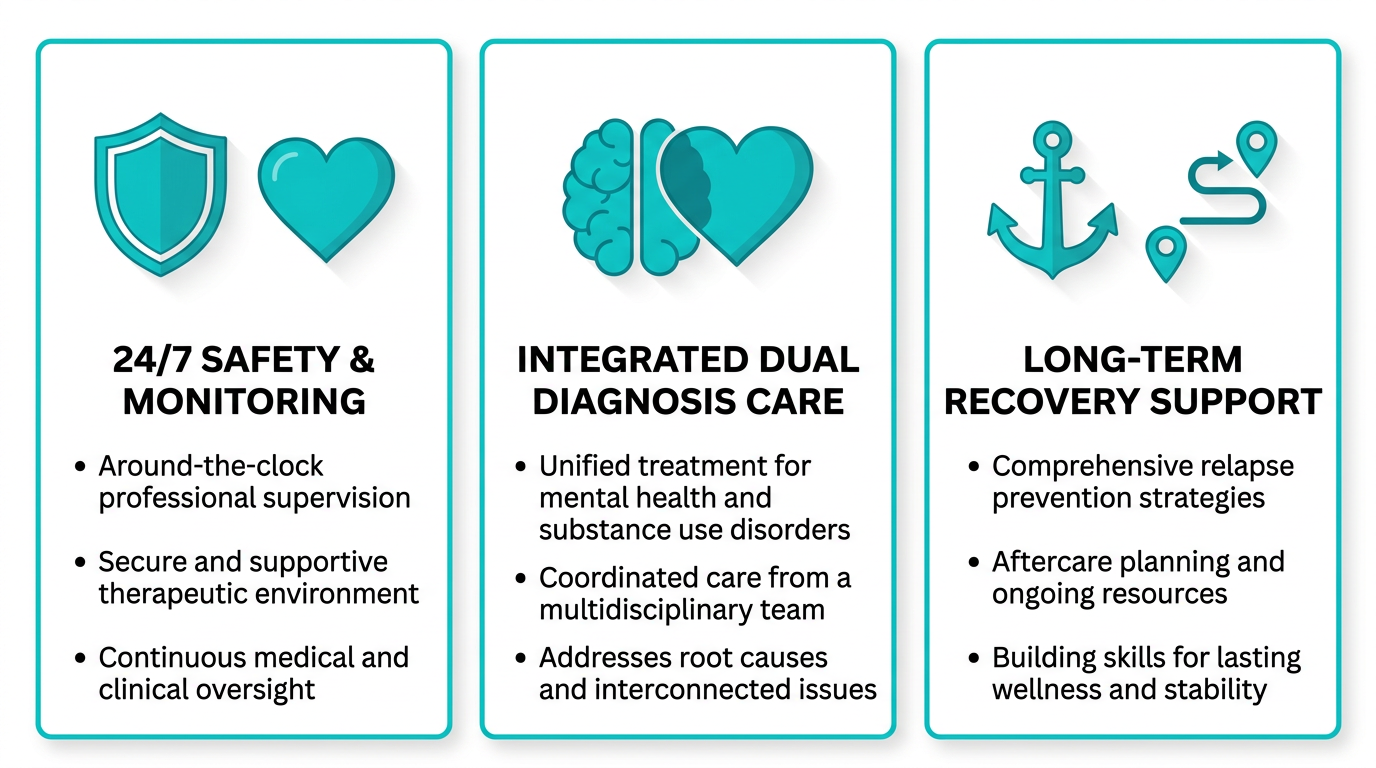 Infographic displaying three vertical panels: 24/7 Safety & Monitoring, Integrated Dual Diagnosis Care, and Long-Term Recovery Support, each with icons and bullet points, using teal and white flat design.