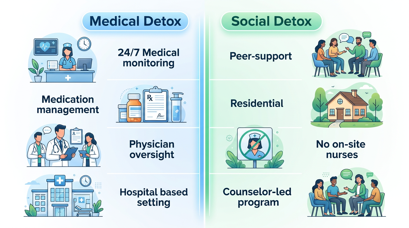 Infographic comparing medical detox and social detox with two columns showing key features