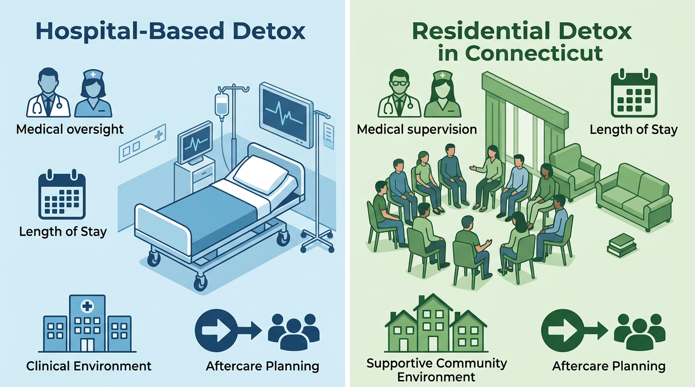 Side-by-side comparison infographic of hospital-based detox and residential detox in Connecticut, with icons for medical oversight, length of stay, environment, and aftercare planning.